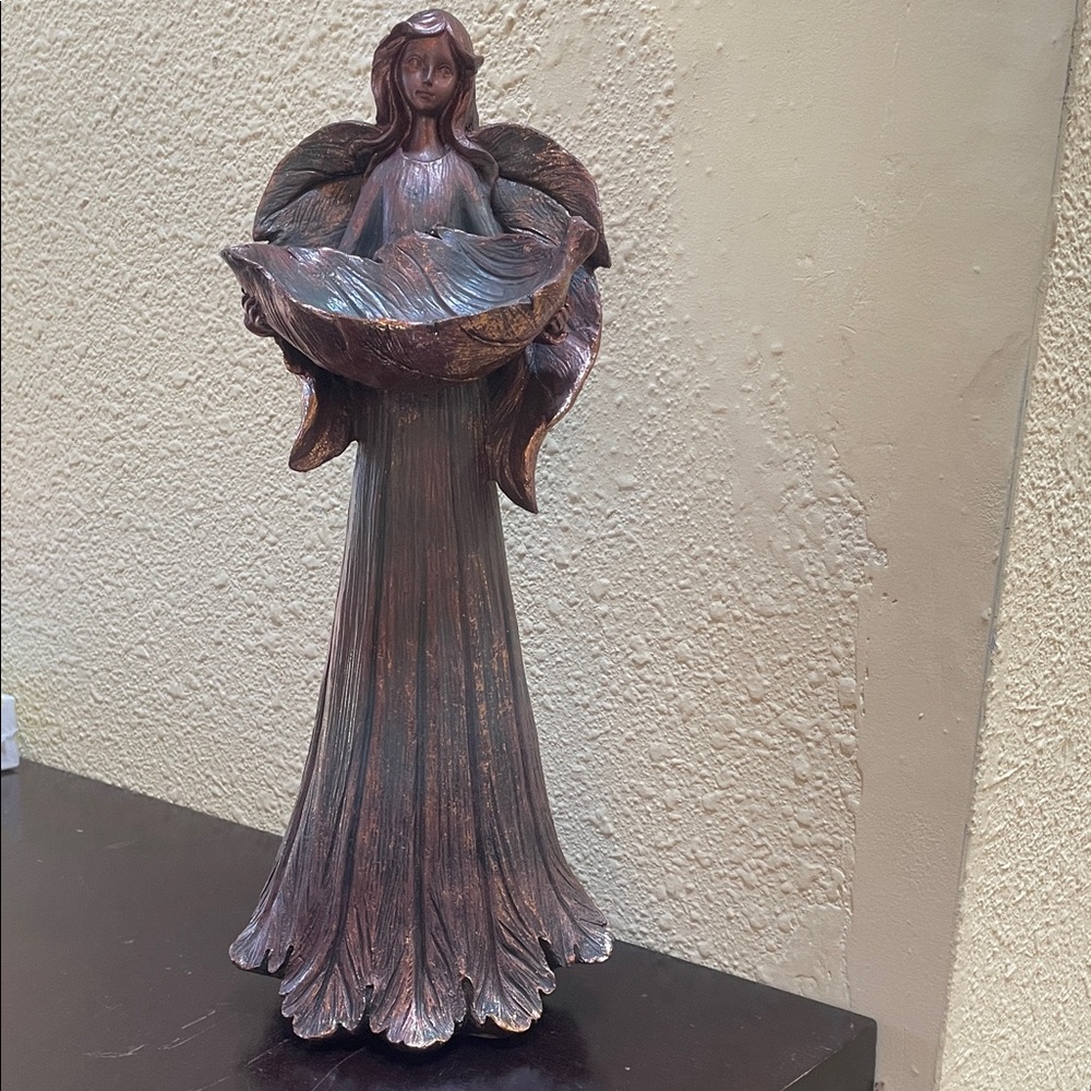 Decorative Bronze-Tone Angel Figurine Bird Bath Home Art